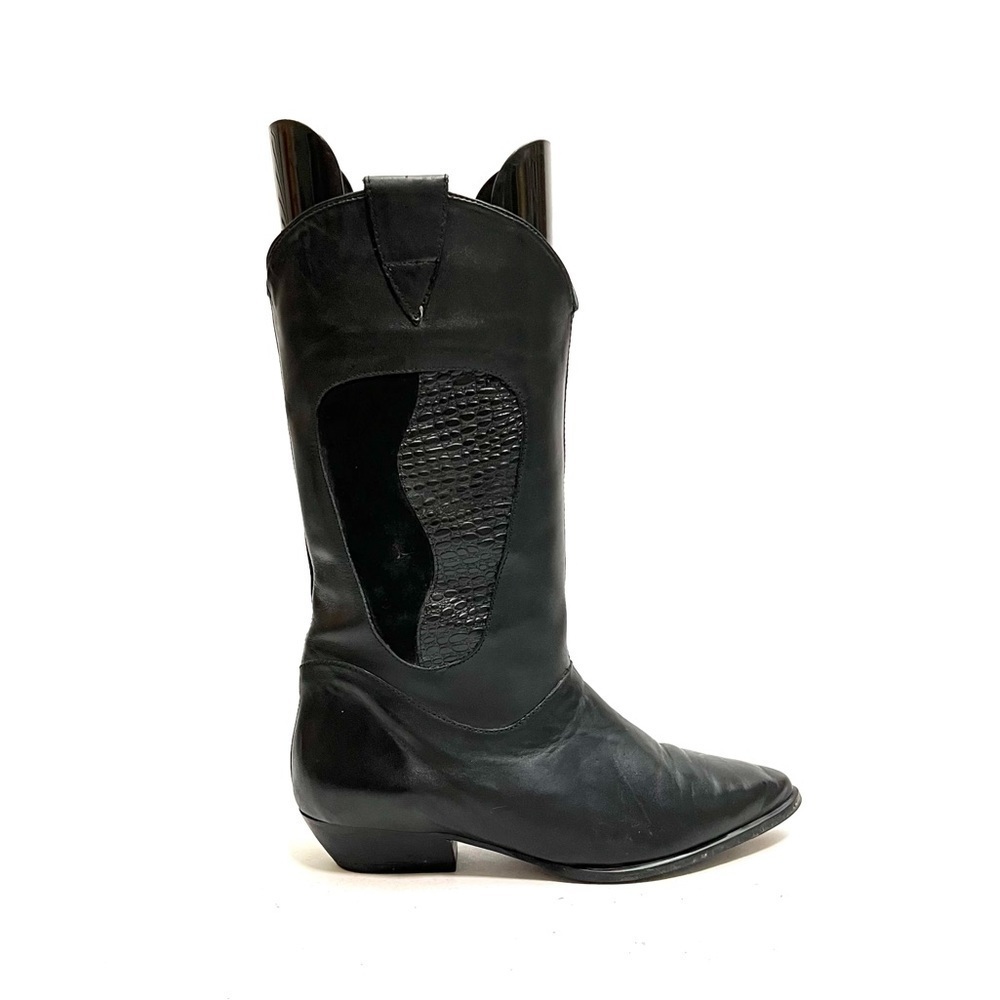 Vintage 1980s women’s black leather mid calf western cowboy boots